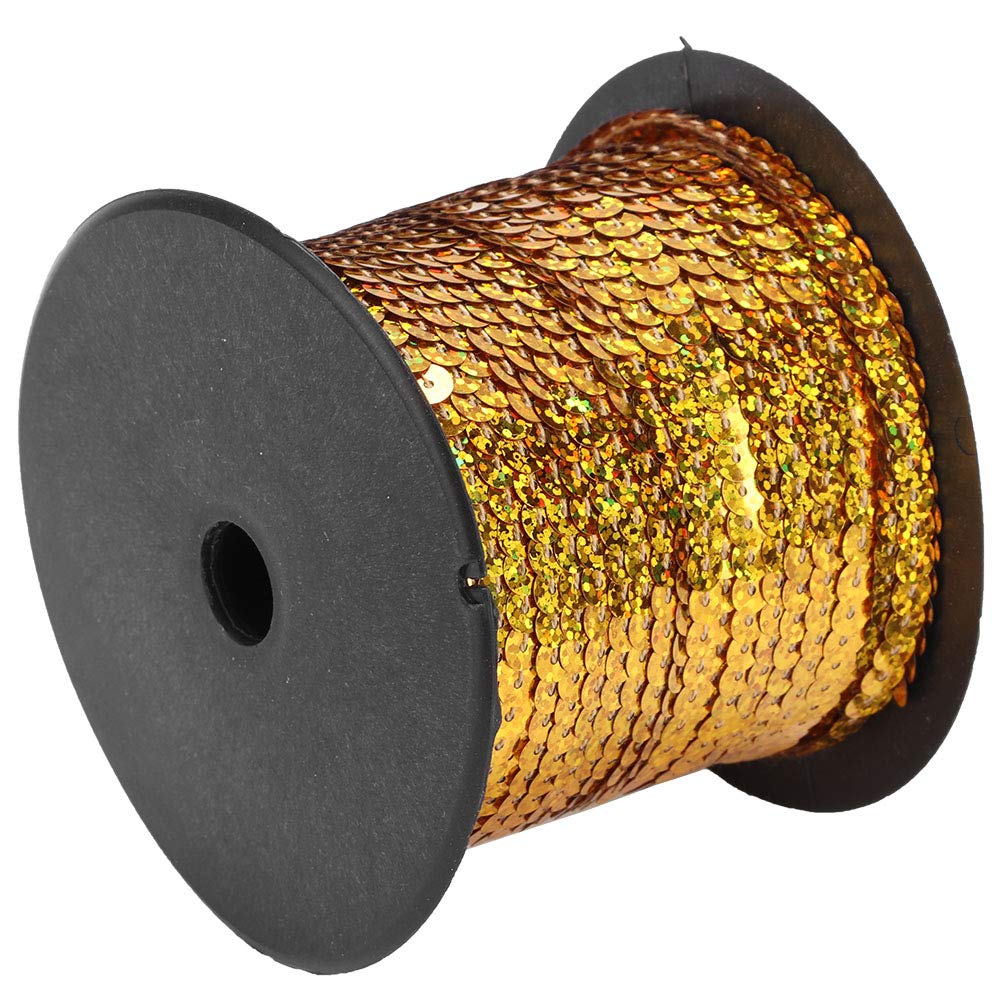 100 Yard Sequin String 6mm, Crafts Round Flat Sequin Strip Trim on Strings Glitter Metallic Sequins Band Sequin String Ribbon Roll for Costume (Golden)