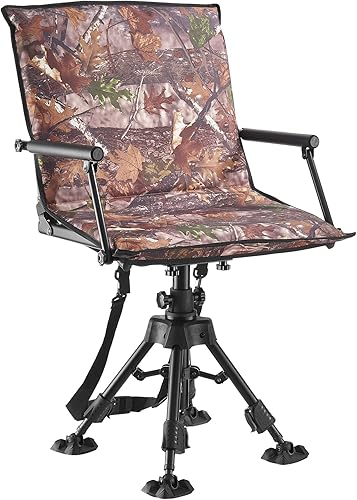 Miniatura 14 de VEVOR Silla de caza, giro silencioso de 360°, silla ciega portátil plegable, asiento de taburete de acero resistente con patas giratorias