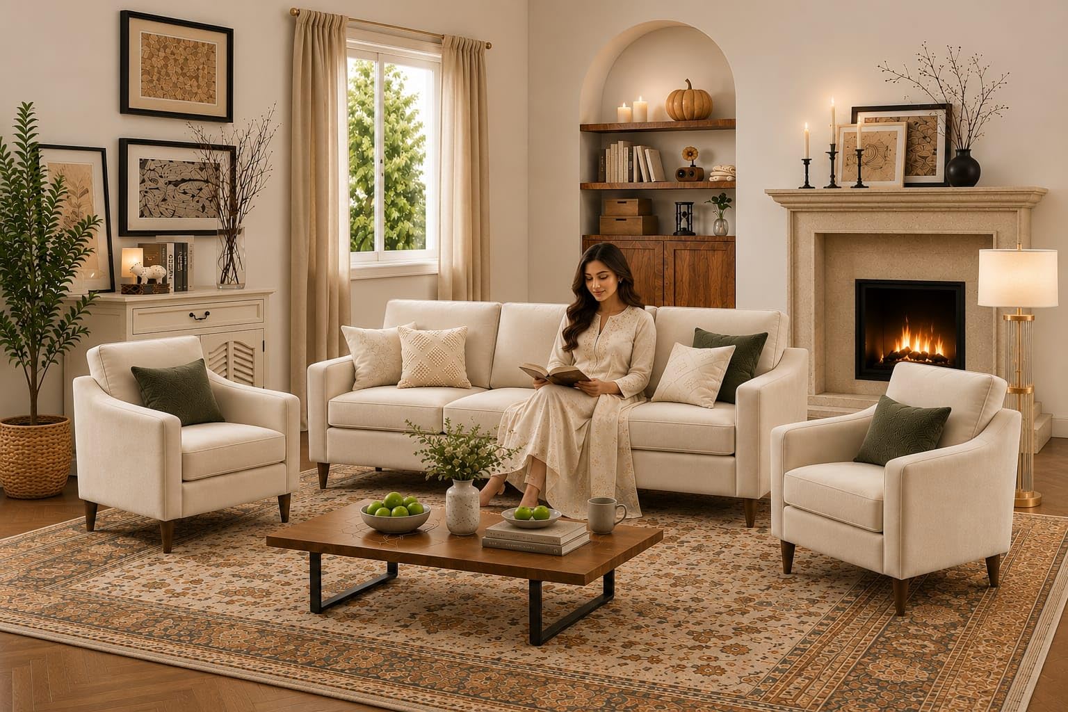 Wudraaz Interior Modern Velvet Living Room Furniture Set, 3-Piece Sofa Couch with 2 Accent Armchairs, High-Density Foam Cushions, Solid Wood Legs, 5-Seater for Home & Office (Cream)-image-36