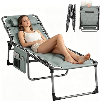 Sun Lounger Foldable 5-Way Adjustable Beach Lounger Foldable with Side Pocket and Removable Headboard Camping Lounger Garden Lounger Folding Deck Chair for Balcony Pool Beach Up to