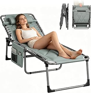 Sonnenliege Klappbar 5-Fach Verstellbar, Gartenliege Klappbar mit Seitentasche & Abnehmbarem Kopfteil, Campingliege Klappbar Strandliege Liegestuhl für Balkon Pool Strand, Bis 150kg