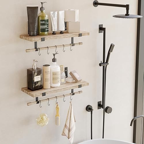 Miniatura 2 de Fixwal Estantes flotantes de pared con ganchos, estantes de madera rústica para barra de café para almacenamiento, estantes montados en la pared con