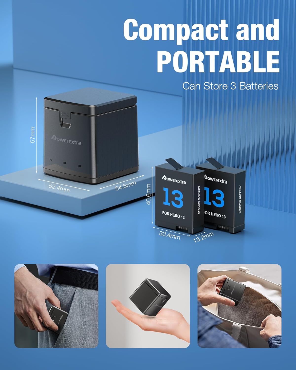 Compact size of Powerextra charger and batteries for portability