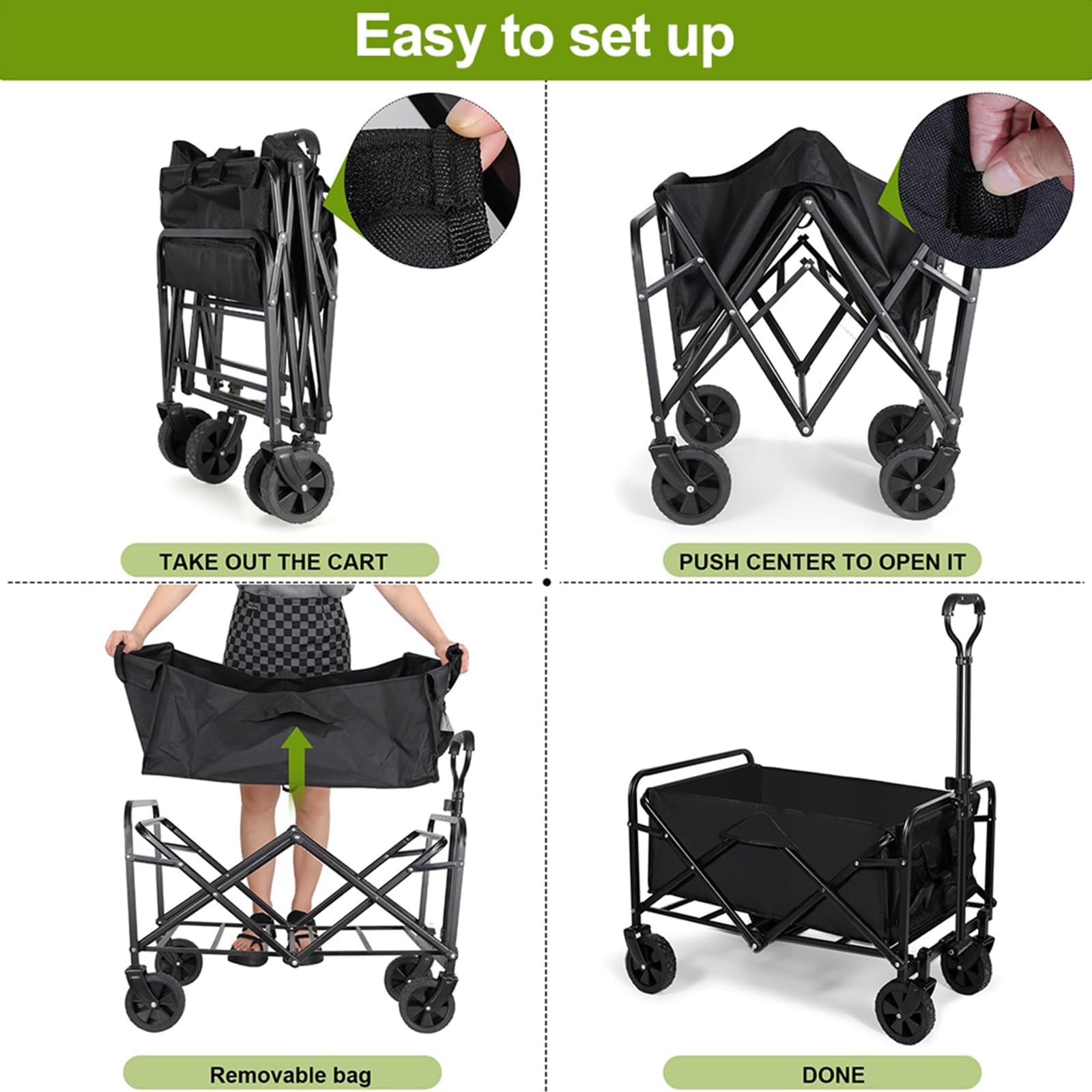 Carrello pieghevole da 200 l, grande capacità di carico, carrello da | Con freni e maniglia regolabile, robusto carrello a mano per campeggio, giardino, shopping, ruote fuoristrada, antistrappo