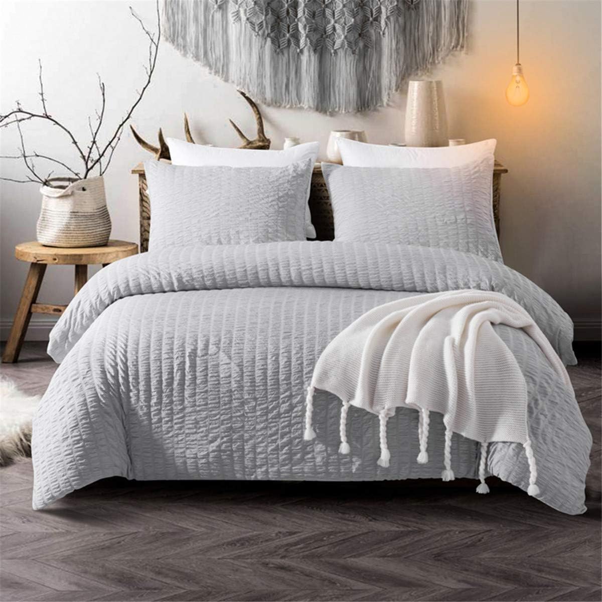 Grey Classic Seersucker Duvet Cover for Teens Adults Pinch Pleat Bedding Set with 2 Pillowcases Classic Puckering and Crimping Quilt Cover with Zipper Closure King Size 220×230cm