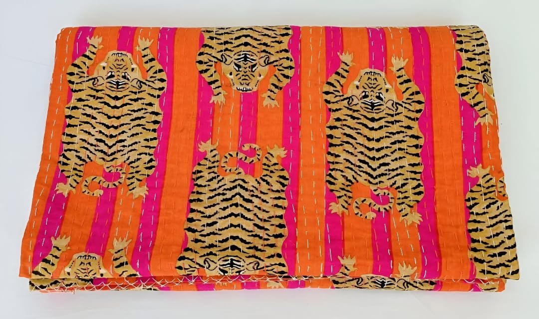 INDACORIFY Indian Handmade Tiger Print Kantha Quilt, Pure Cotton Throw Bedding Gudri Bedcover, Queen Size Vintage Kantha (Orange Tiger, Twin (60"x 90"))