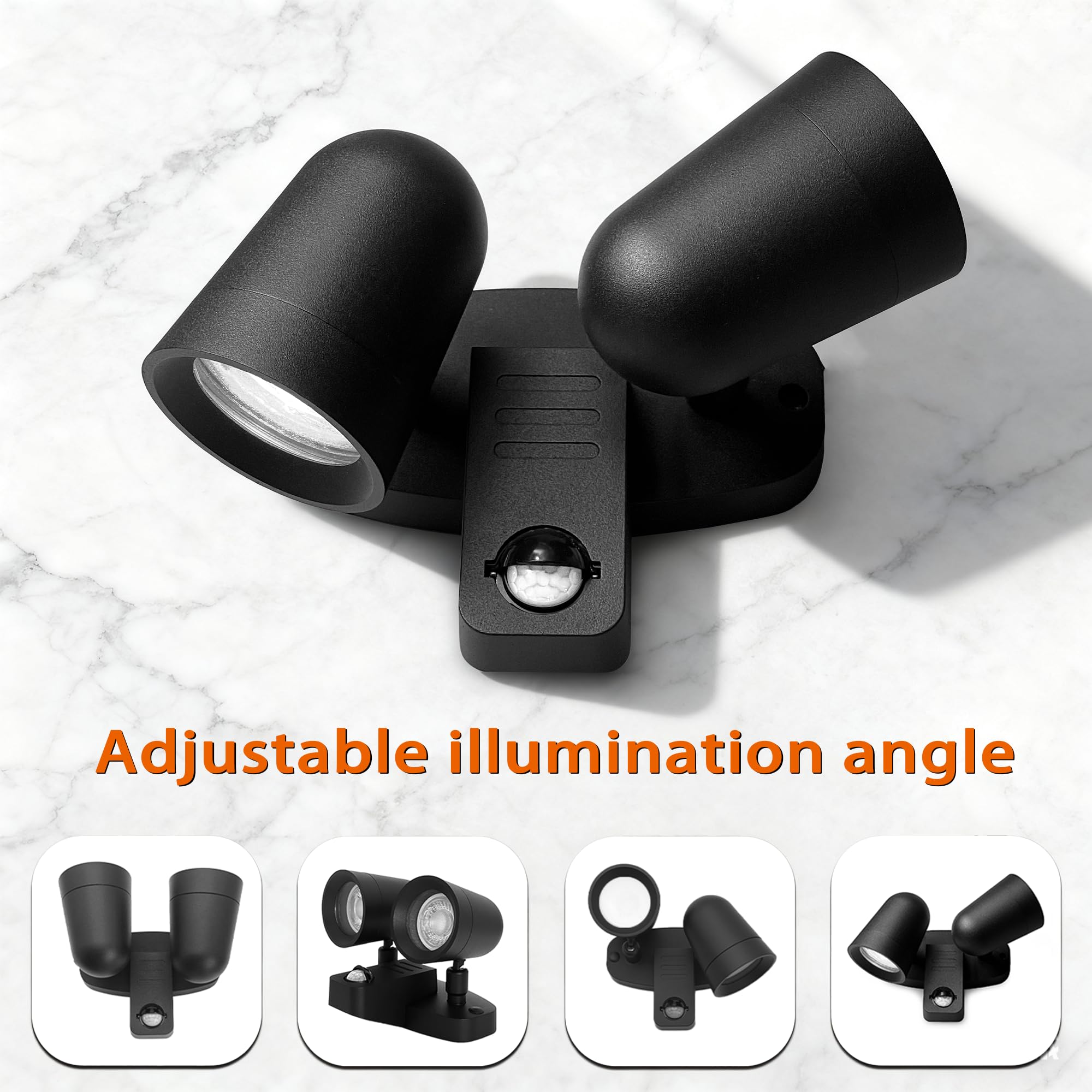 JNR Lampa zewnętrzna LED z czujnikiem ruchu PIR, IP54, wodoszczelna lampa zewnętrzna z czujnikiem ruchu 230 V, podwójny reflektor obracany o 330°, lampa zewnętrzna w zestawie 2 x 5 W GU10 3000 K