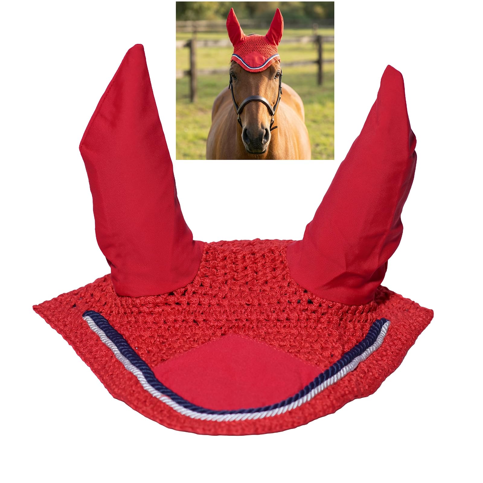 Spire Voile de protection pour cheval en coton respirant doux au crochet pour les oreilles (complet, rouge/noir-blanc)