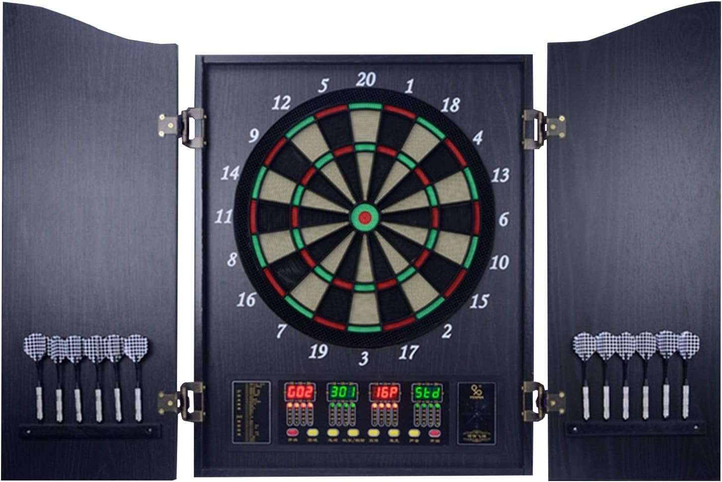 Hanghaijia Electronic Dart Board, Double Wooden Door Electric Dart Machine, Dart Game with LED Display and 12 Soft Darts 27 Main Game Dart Target (Color : Black Wood Grain) : Sports & Outdoors