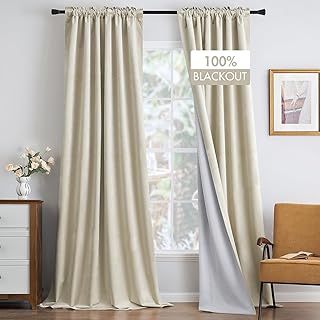 100% Blackout Velvet Curtains Ivory White Thermal Insulated Curtain Drapes for Luxury Bedroom Living Room Darkening 96 Inches Long Black Out Curtain Panels Rod Pocket Set of 2