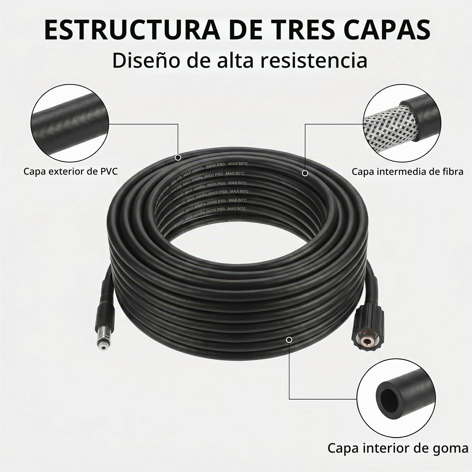 QWORK® Manguera limpieza tubos de alta presión 15M/50FT, 400 Bar/5800PSI desatascador tuberias a presion, compatible con Karcher K2-K7