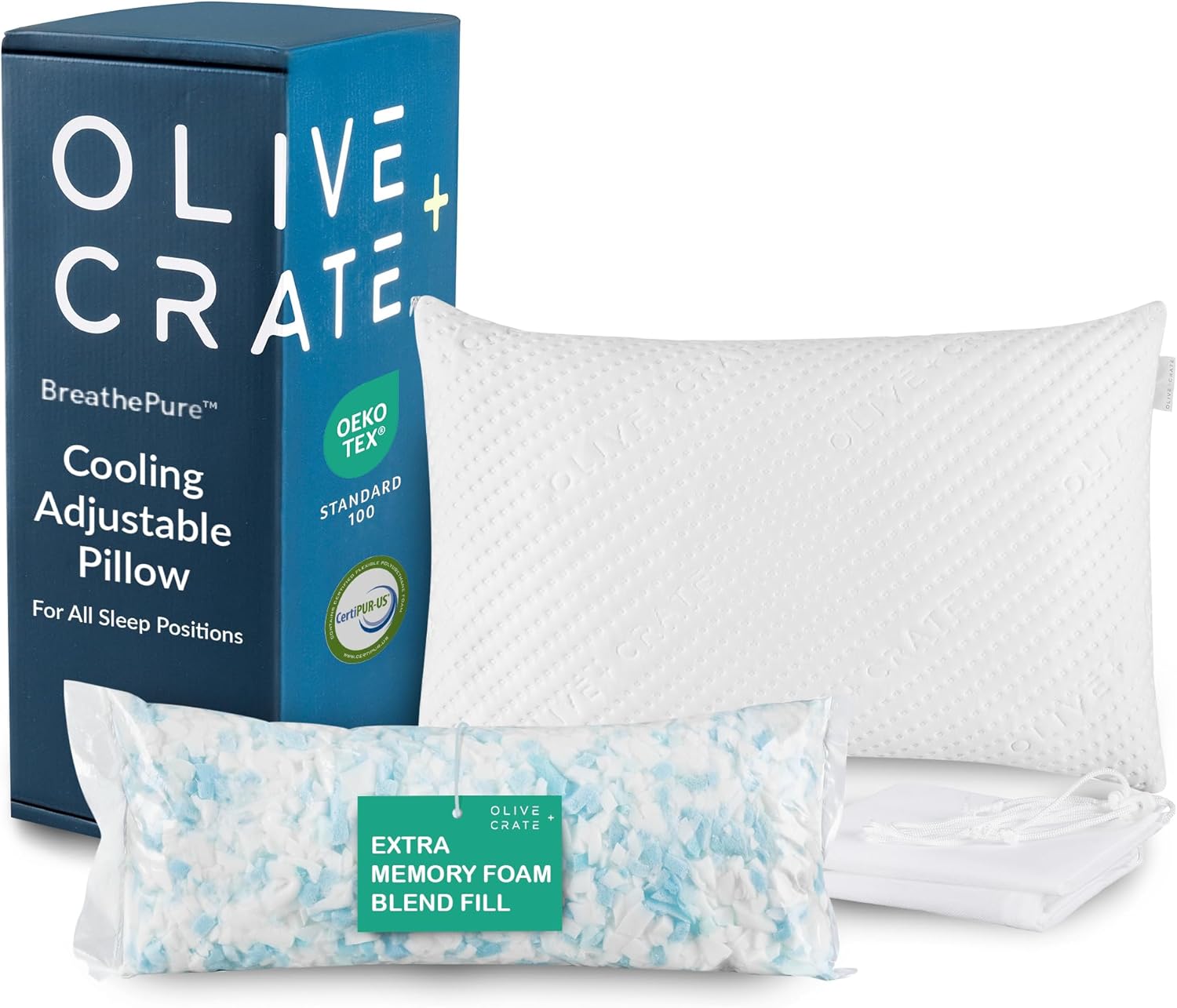 Olive + Crate BreathePure™ Adjustable Loft Shredded Memory Foam Pillow - Queen Size - Cooling Pillow, Hypoallergenic Bed Pillows, CertiPUR-US Certified Foam, Ideal for Back, Stomach and Side Sleeper