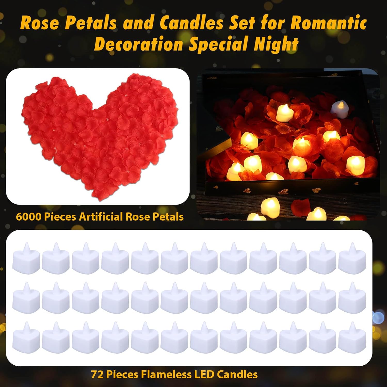 Acejoz Rose Petals and Candles Set, 6000 Pieces Fake Rose Petals and 72 Pieces Heart Candle Lights for Bedroom Romantic Decorations for Special Night, Wedding, Anniversary, Valentines Day - Image 3