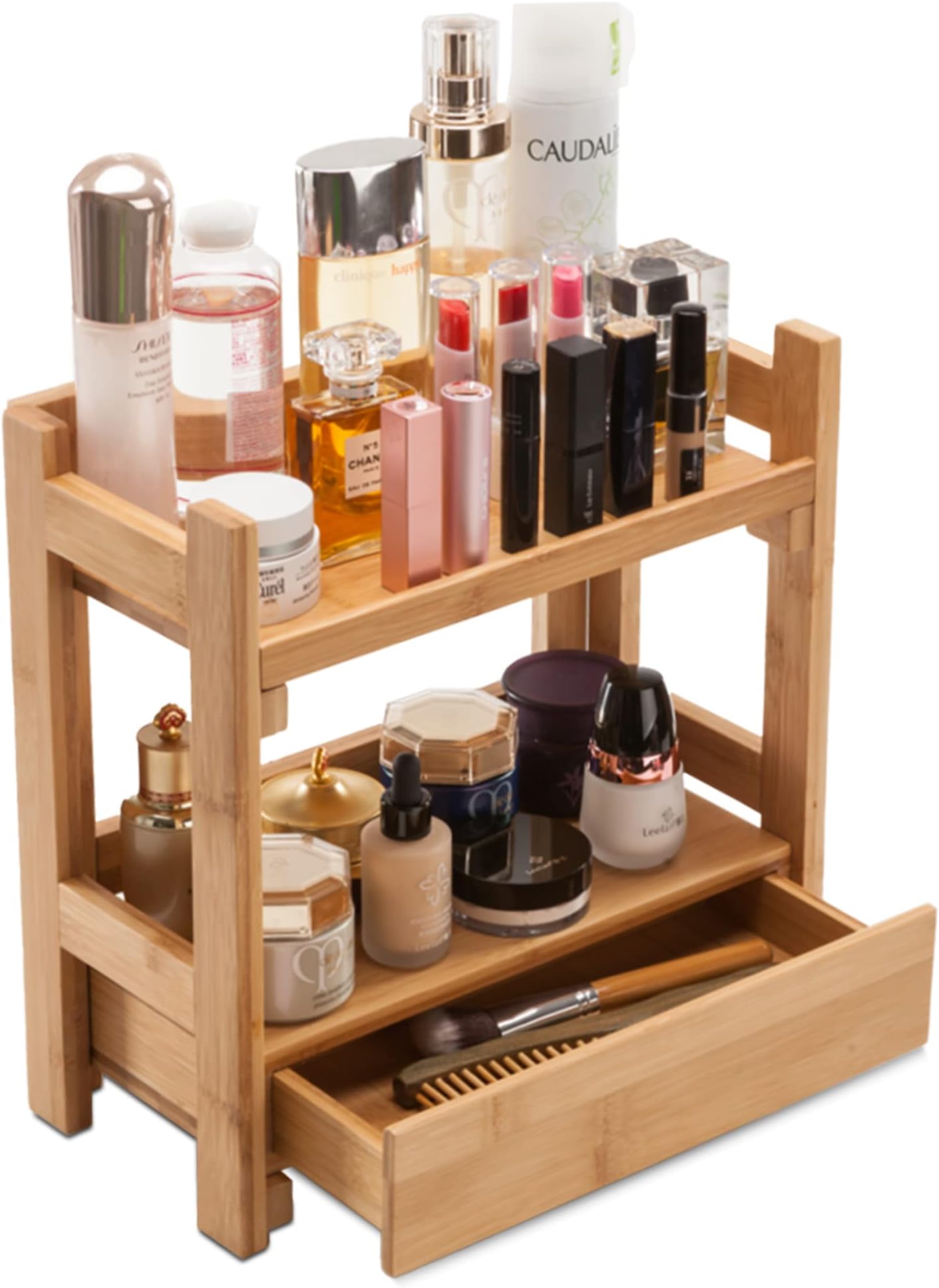 GOBAM Bamboo Makeup Organiser, 37 CM Tall - 2 Layers Countertop Organiser for Makeup Brushes, Cosmetics, Nail Polish, Skin Care & Perfume, Easy Assembly Display Stand, Ideal for Mom or Wife - Natural