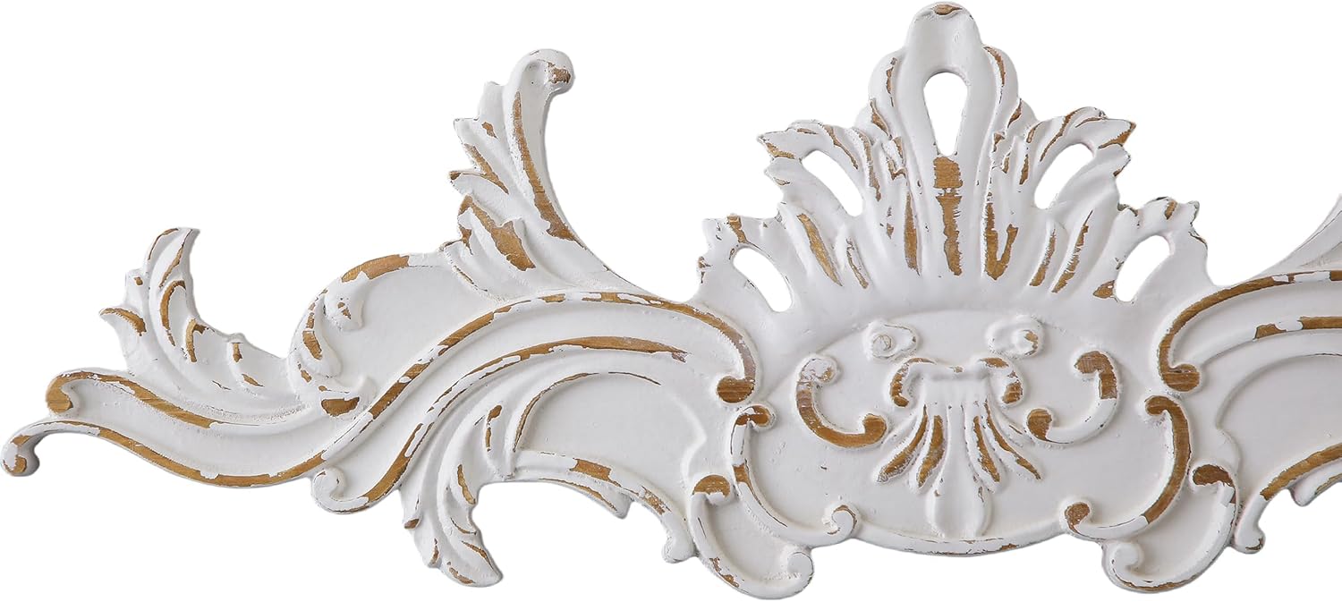 SOFE Vintage Wood Wall Sculpture, 32 Inches Long Horizontal Wall Art, Above Door Wall Decor, Decorative Floral Baroque Design, Hand-Carved Look with Accents