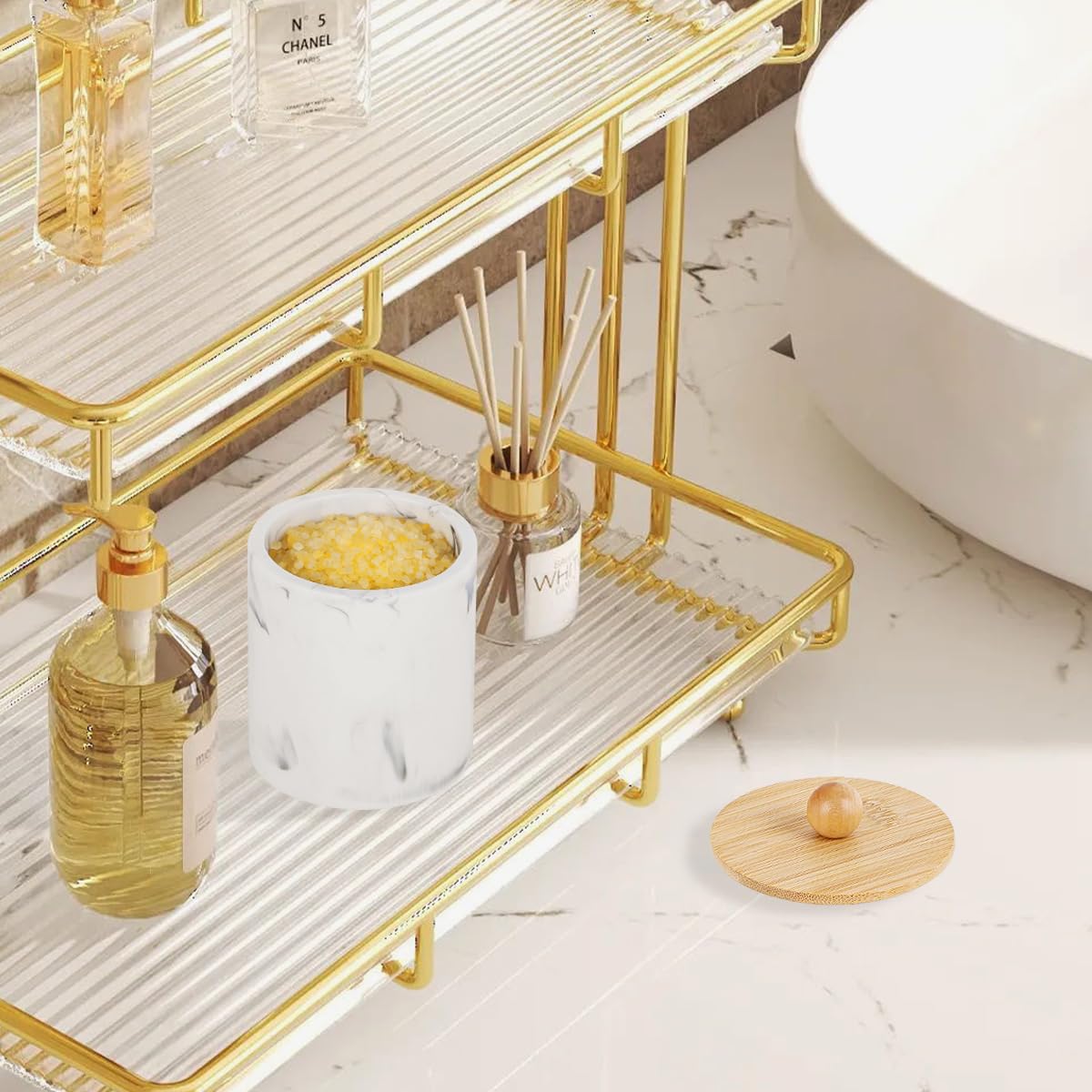 Qtips Badezimmer-Gläser mit Deckel, Wattestäbchen-Halter, Harz-Apotheker-Spender, Marmor, Make-up-Schwämme, Badesalz-Aufbewahrungsbox, Marmorweiß mit Bambusdeckel, 2 Stück