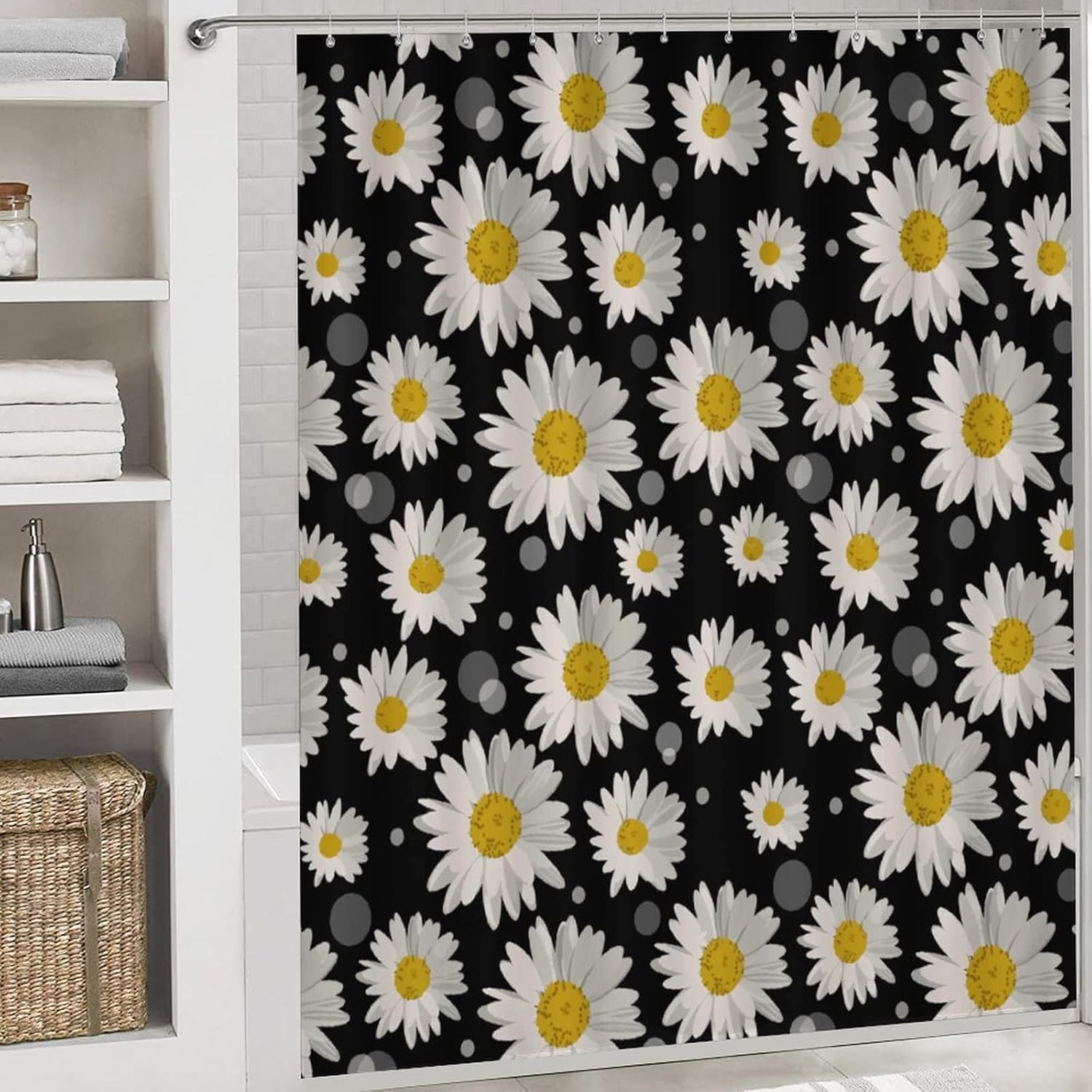 White Daisies Circles 4 Piece Bathroom Shower Curtain Sets Include Non-Slip Rug Toilet Lid Cover Bath Mat Shower Curtain Decor