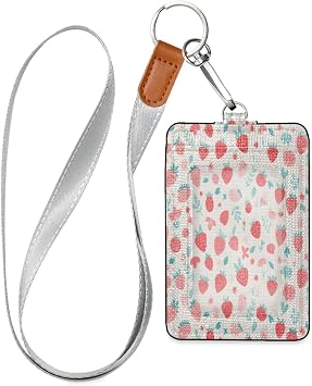 Watercolor Strawberry ID Badge Holder with Lanyard Leather Credit Card Holder with 1 Clear Window and 2 Card Slots for Office School Staffs