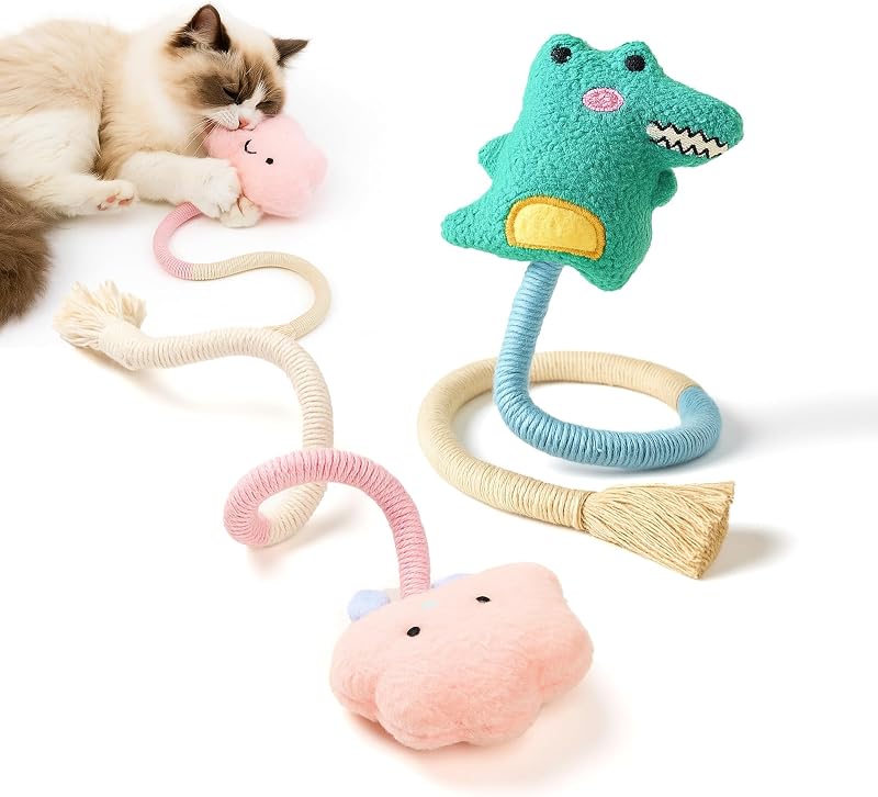 Kingtree Juguetes de Cuerda para Gatos, 2 Piezas de Cuerdas para Masticar de Juguete para Gatos para Limpieza de Dientes de Gatos | Juguete de cuerda para masticar de algodón sin alambre, juguetes de cuerda para masticar con hierba gatera resistente a las mordeduras para gatos de interior, juguete interactivo para gatos de autojuego