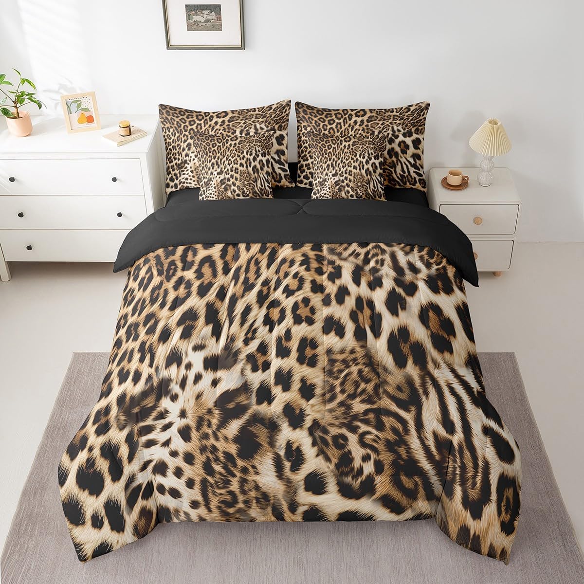 Feelyou Leopard Print Comforter Set with Sheets Set Full, Cheetah Print 7 Piece Bedding Set Kids Wild Animal Bedding Sets with Quilted Comforter, Flat Sheet, Fitted Sheet, Pillowcases, Pillow Covers
