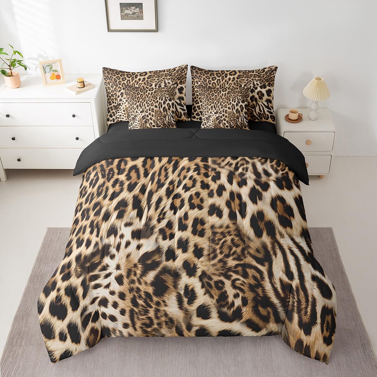 Feelyou Leopard Print Comforter Set with Sheets Set Full, Cheetah Print 7 Piece Bedding Set Kids Wild Animal Bedding Sets with Quilted Comforter, Flat Sheet, Fitted Sheet, Pillowcases, Pillow Covers