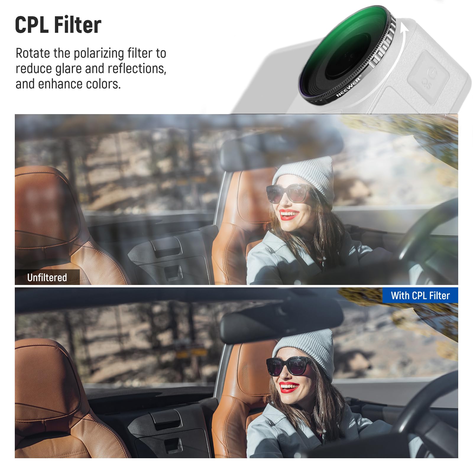 NEEWER Set di Filtro CPL e ND Compatibile con DJI Osmo Action 5 Pro/4 (4pz), Kit di Filtri CPL + ND8 + ND16 + ND32 a Vite, Accessori Action Camera, Vetro Ottico HD Multistrato, FL-A12