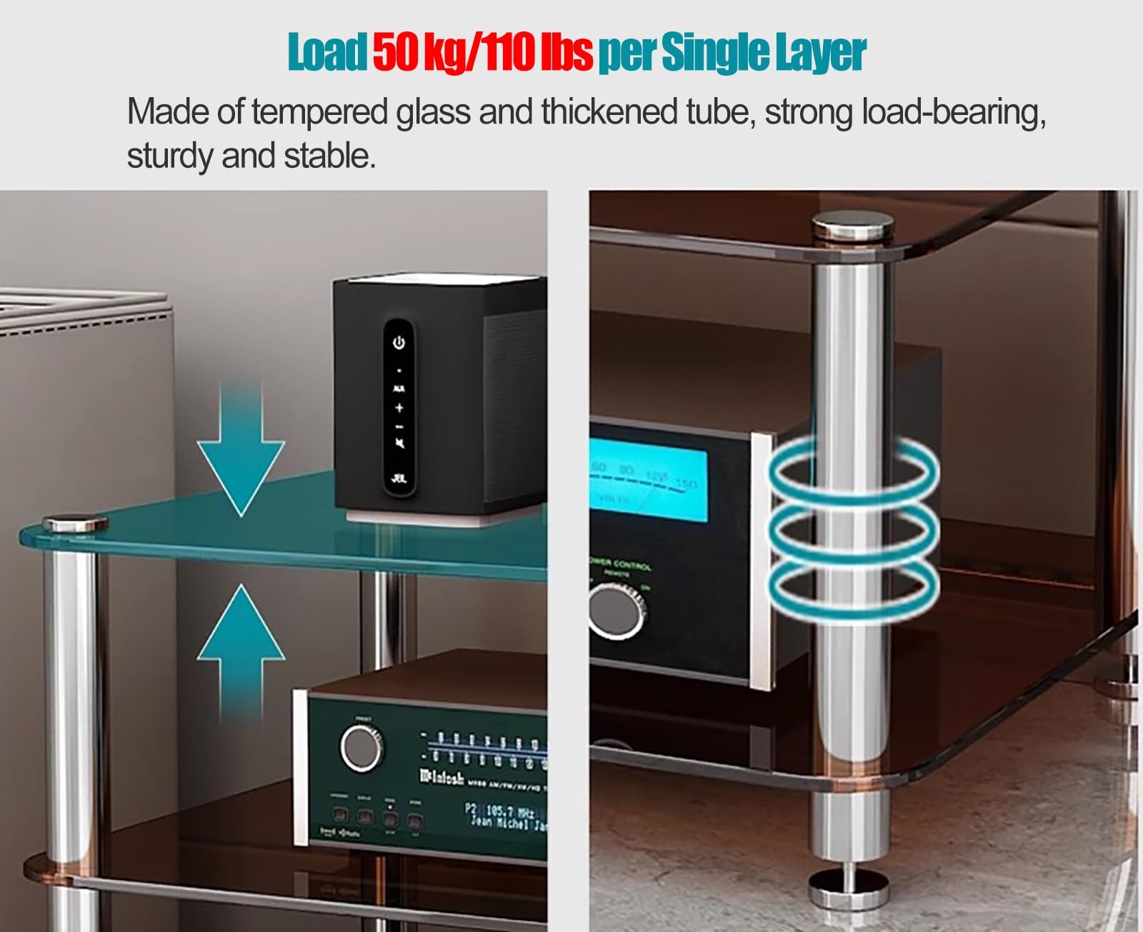 Supporto Hifi A 2 Livelli Con Ruote – Mobile Audio In MDF E Acciaio, Ideale Per Amplificatori, Lettori E Dispositivi Streaming