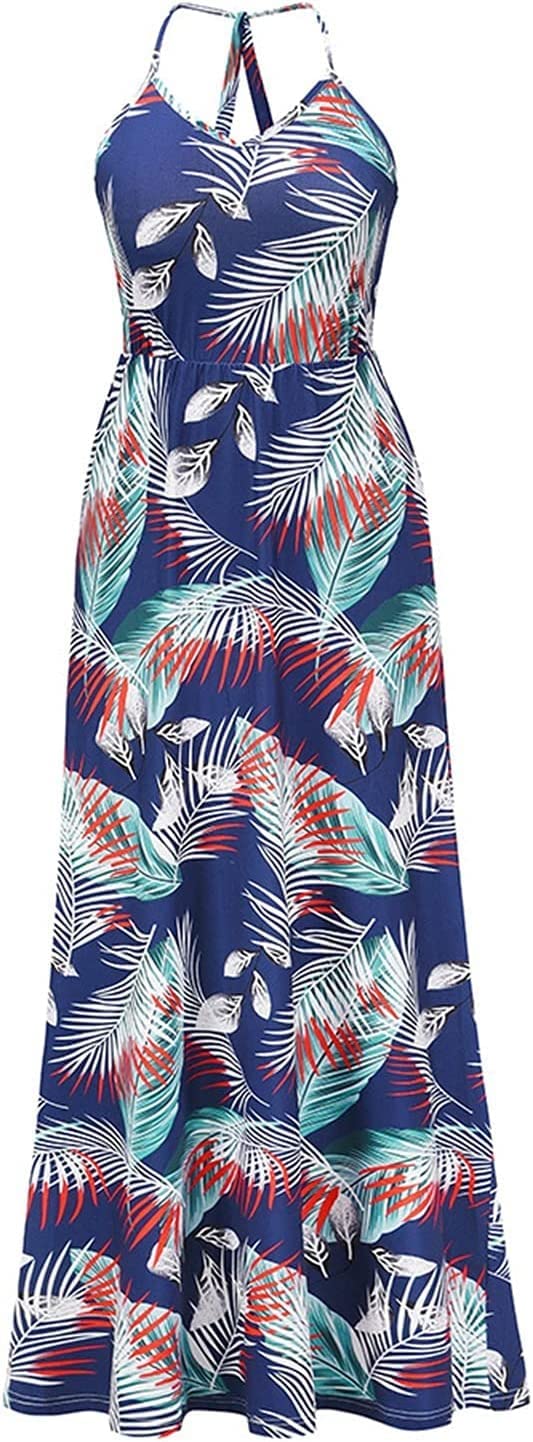 Verstellbarer Ersatz-Schultergurt, Handtaschenträger, Damen-Sommerkleid, rückenfrei, lässig, mit Blumenmuster, Spaghettiträger, Blumenmuster, langes Maxikleid, Sommerkleider (Farbe: Blau, Größe: L) (