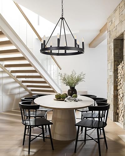 Miniatura 6 de Candelabro de 8 luces con rueda de carro, de 24 pulgadas, color negro, redondo, para comedor, moderna e industrial, isla de cocina, lámparas