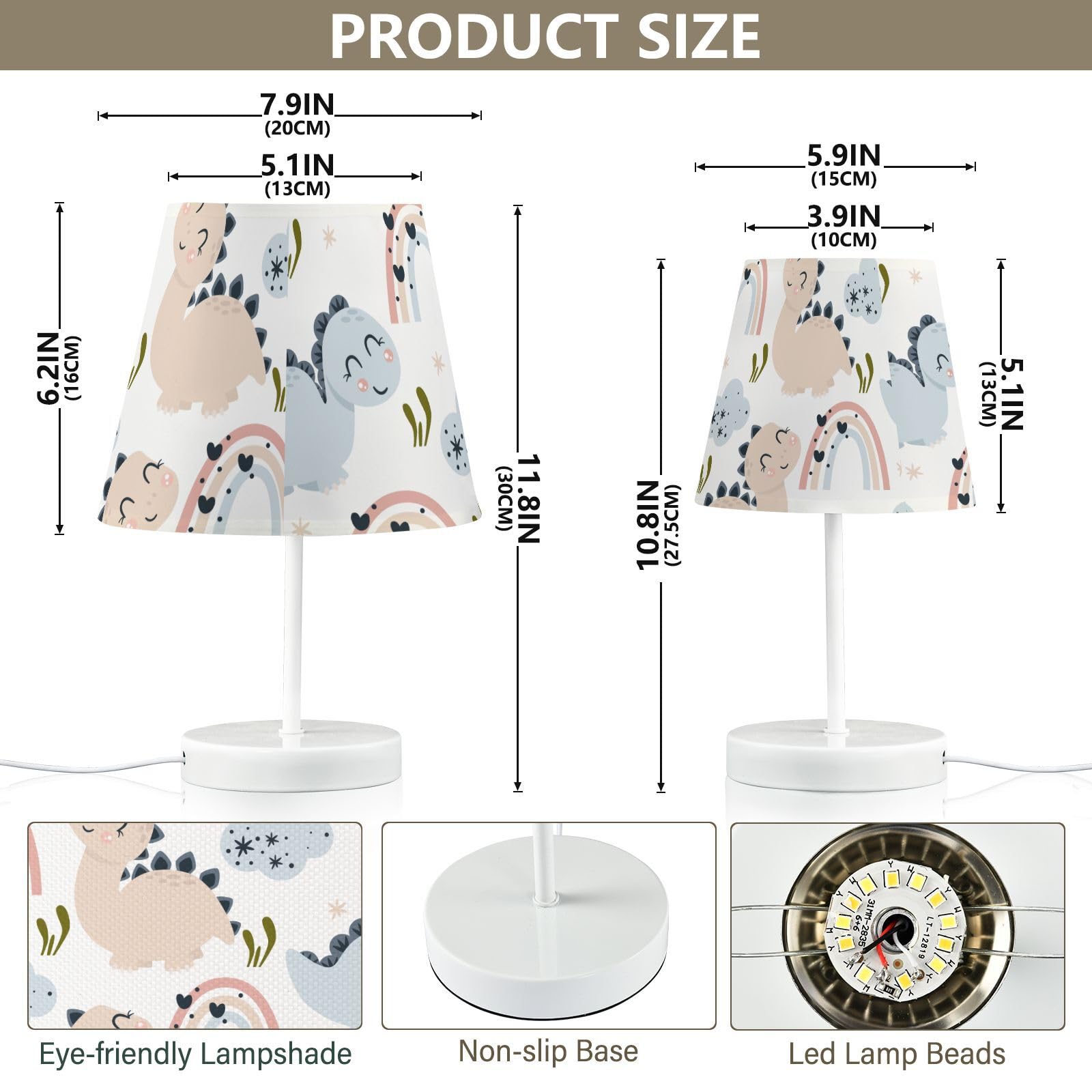 Mnsruu Lámpara de mesita de noche con diseño de dinosaurio infantil, 1 lámpara de mesa, bombillas LED, lámpara de escritorio, pantallas de tela para dormitorio, sala de estar, tamaño mediano