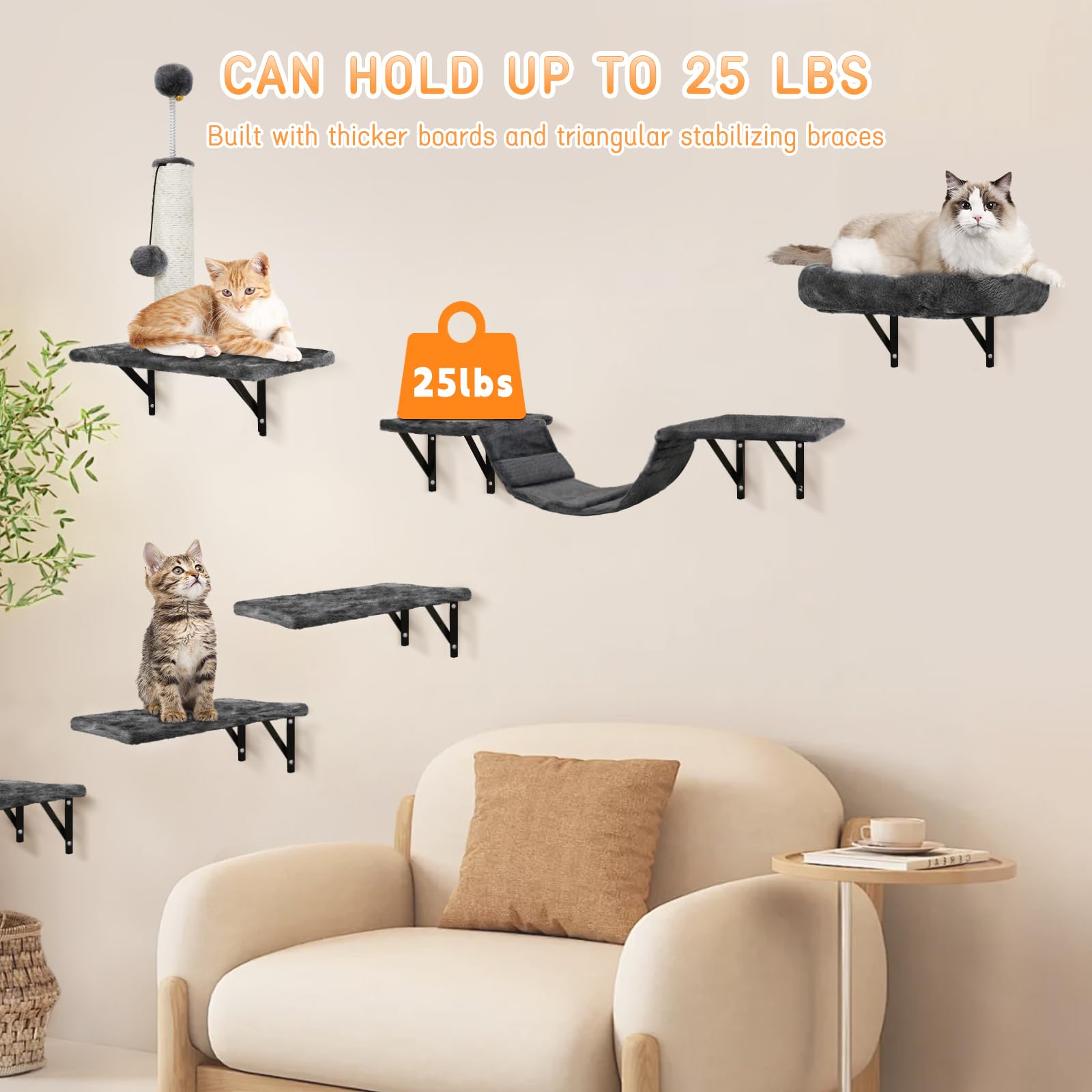 Kletterwand Katzen Set-Katzenbaum,6-Teiliges Wandregale, Wandpark mit Katzensalon, Katzenbrücke, Katzenbaum, Katzentreppe und Kratzbrett bis zu 13 kg Frühlingsbälle für Katzen
