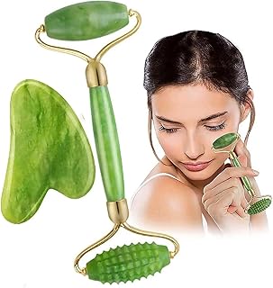 KASTWAVE Jade Roller with Gua Sha, Mini Eye Roller set for Face Roller: 100% Natural Authentic Crystal Face Massager, Olefu Facial Roller for Skin, Eyes, Neck Tones, Firms, Depuffs (2 Pack)