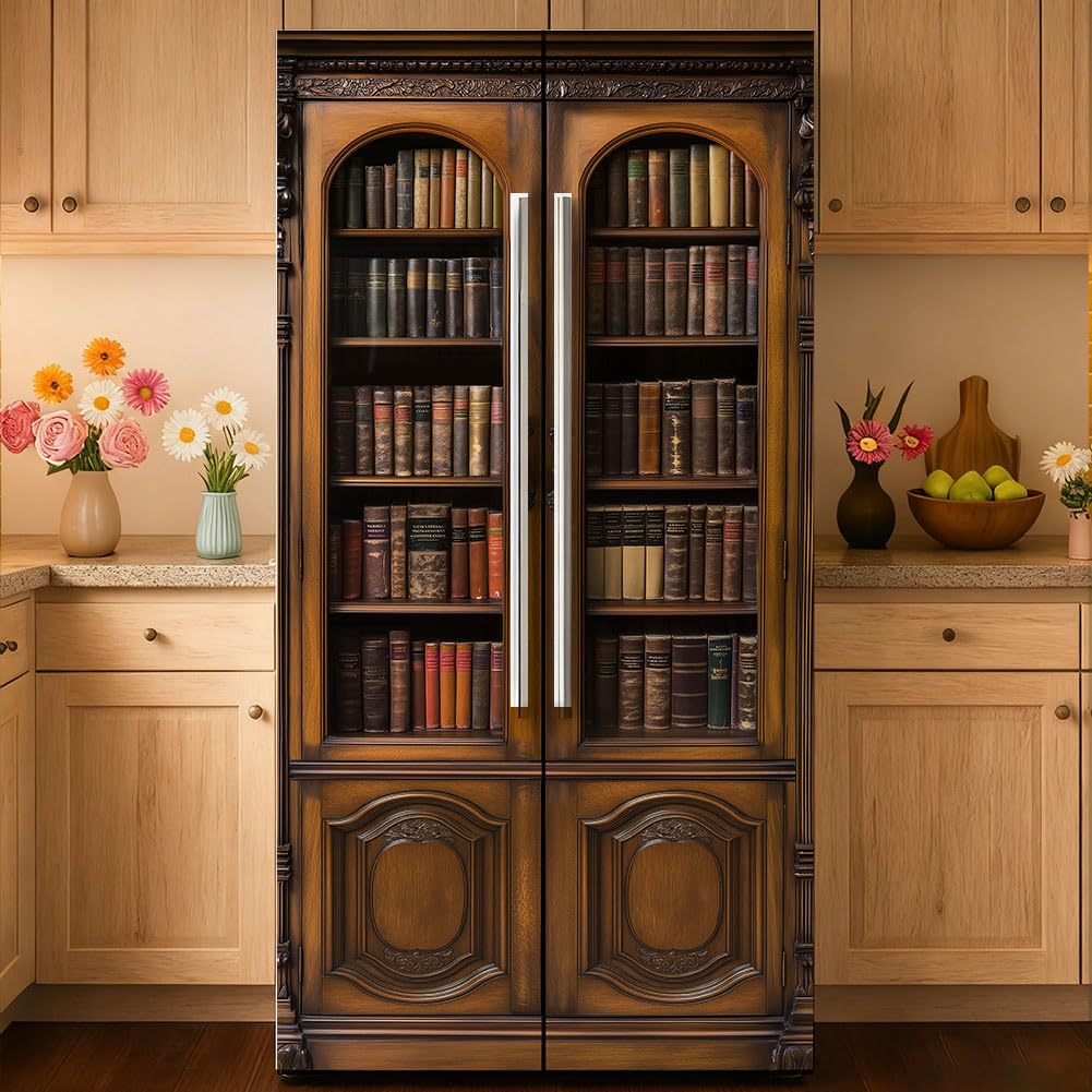 GOMAKERER 2 Pcs Vintage Bookshelf Refrigerator Wraps, Self-Adhesive Refrigerator Wrap Set Removable Fridge Sticker Fridges Panel Cover Sticker for Kitchen Bar Decor, 41.5 x 200 cm