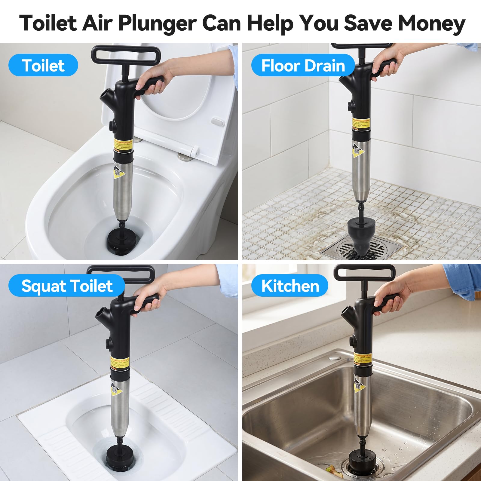 OTraki Stantuffo per WC ad alta pressione per bagno, con barometro, strumento di sblocco per WC per stantuffi tradizionali guasti (non richiede ricarica)