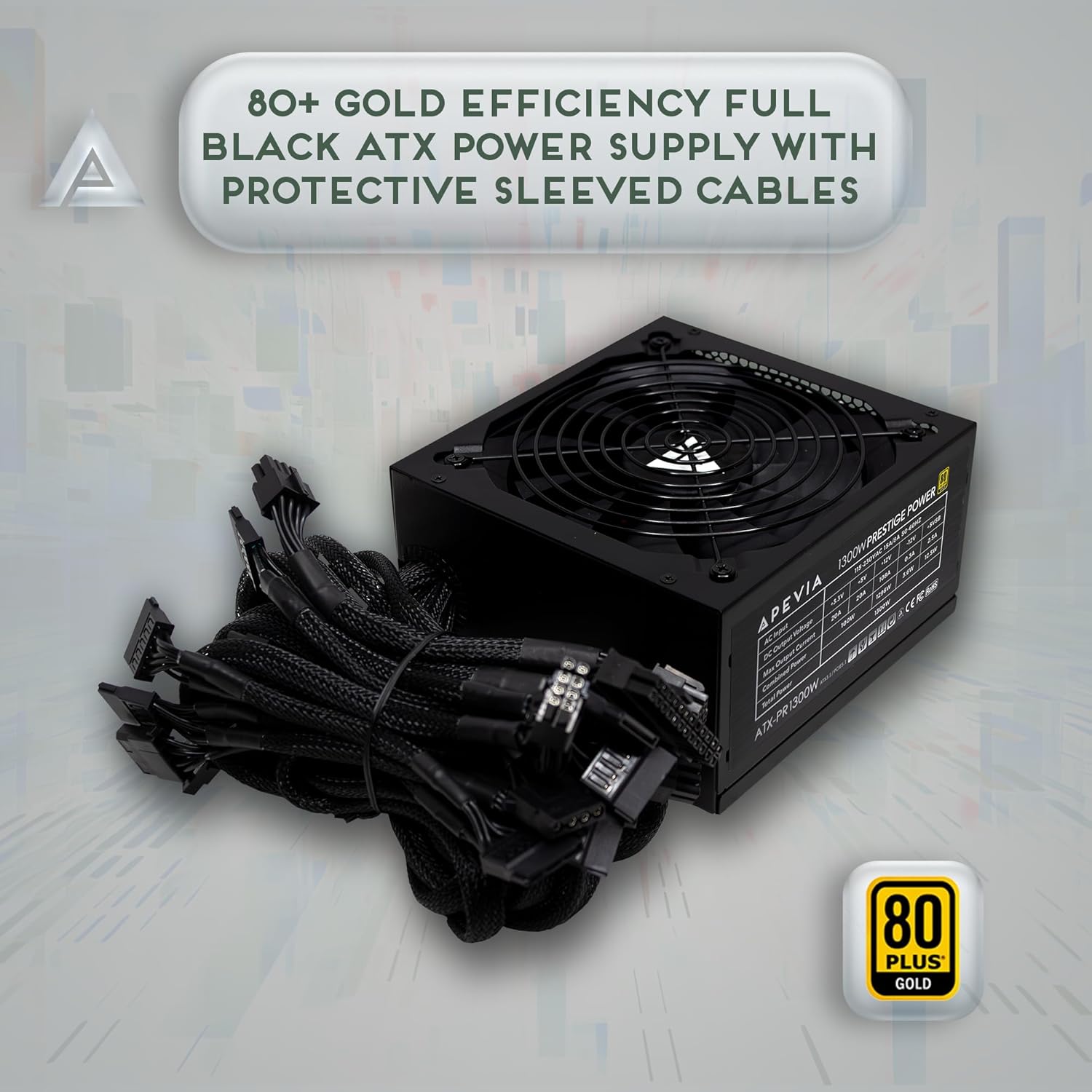 Apevia ATX-PR1300W Prestige 1300W, 80+ Gold Certified, ATX 3.1 Ready, PCIe 5.1 / 12VHPWR Connector, ATX Active PFC, DC to DC Converter Design, 135mm Silent Fan, RoHS Compliance, Gaming Power Supply