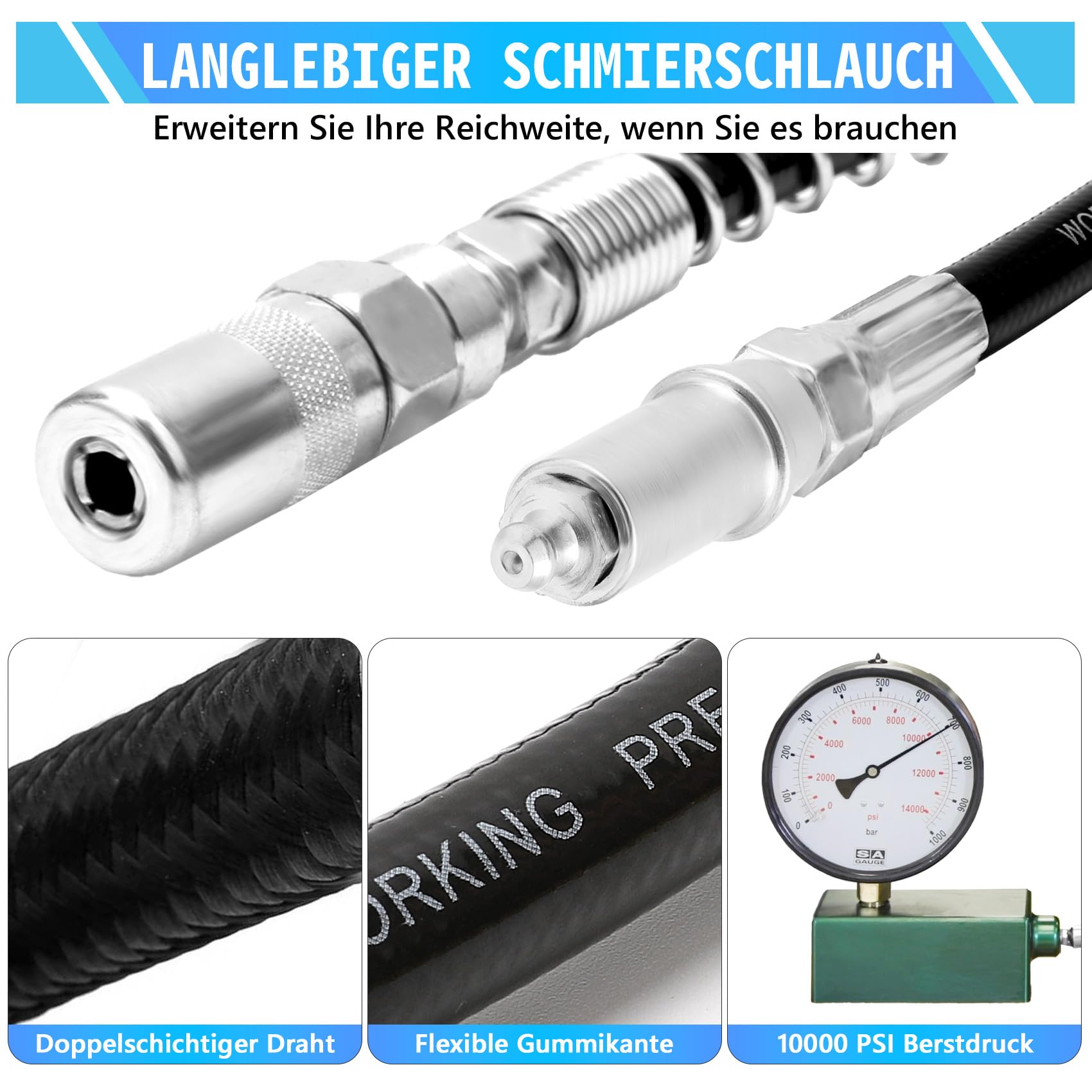 Fettpressenkupplungen, 9-teiliges Schnellverbindungs-Fettzubehör-Set mit Fettpressenspitzen,12" Schlauch Fettpresse Kupplung und Aufrolltasche, Ideal für Alle Arten von Fettpressen