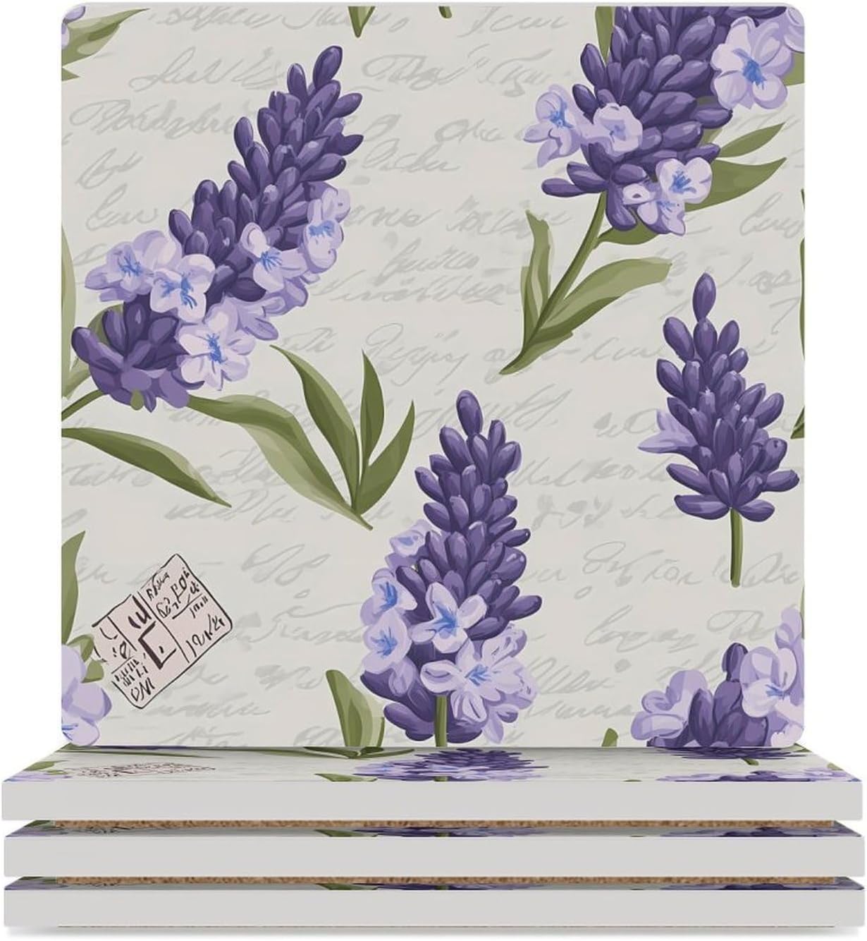 Vintage Lavender Floral Flowers Coasters for Drinks Square Table Coasters Set Cup Mats with Cork Base