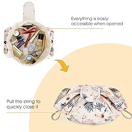 Narwey Barrel Drawstring Makeup Bag Large Floral Cosmetic Bag Make up Bags Toiletry Organizer for Women and Girls (Beige Flamingo) (Patent)