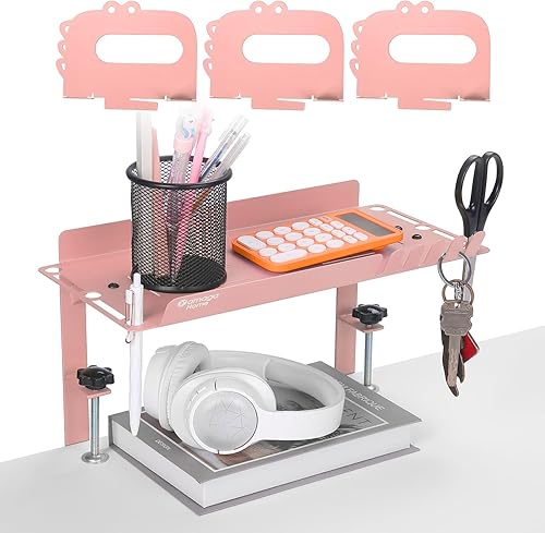 yamagahome Estante de escritorio, organizador de escritorio de metal con 3 divisores extraíbles, organizador de escritorio con ganchos para colgar y