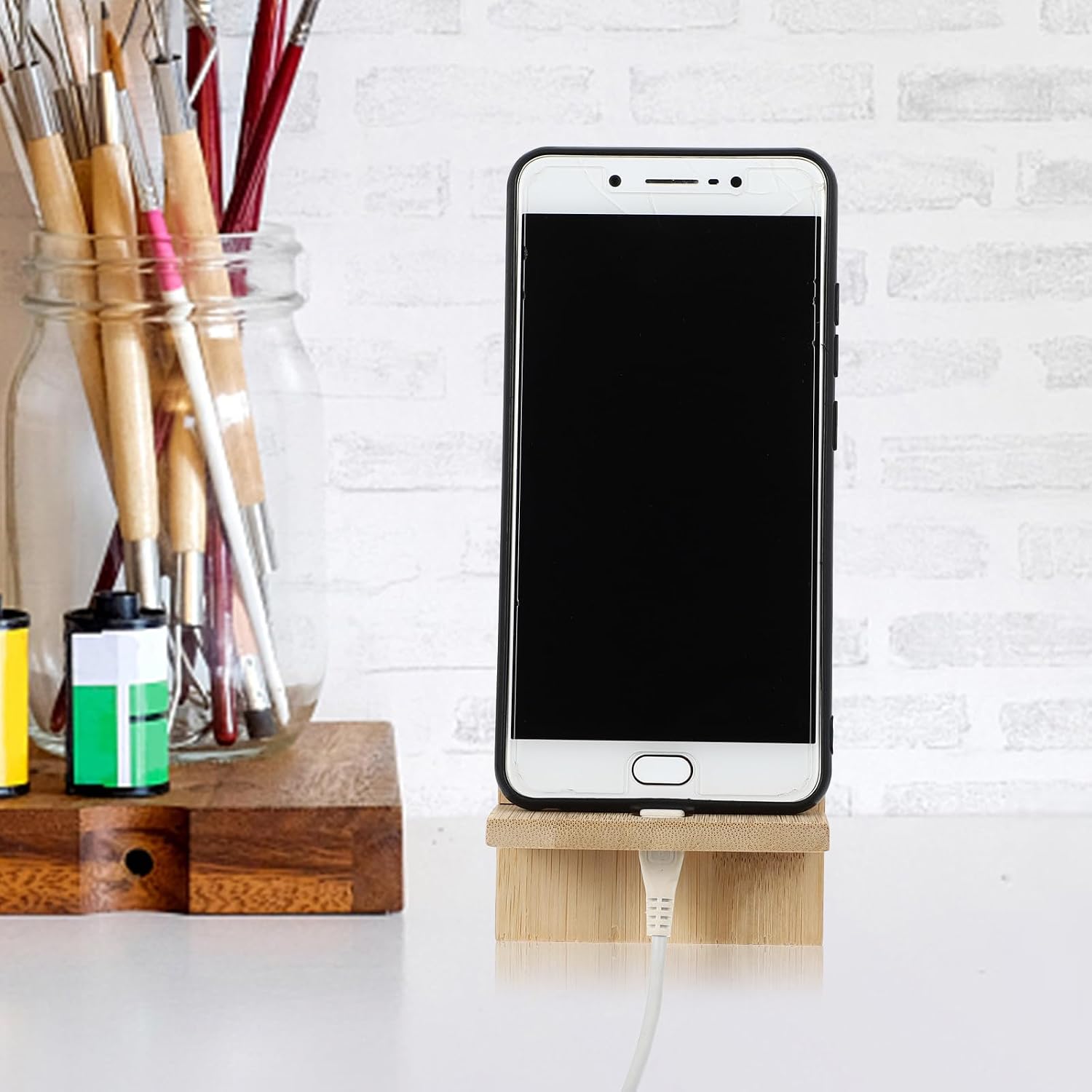 Bamboo Desktop Phone Stand 2Pcs Polished Vertical Horizontal Khaki image 4