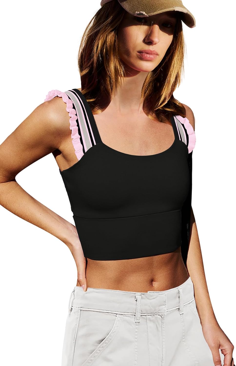 LAMISSCHE Womens Cropped Workout Tank Tops Padded Sports Bra Time Out Tank Ruffle Athletic Yoga Gym Camisole Tops