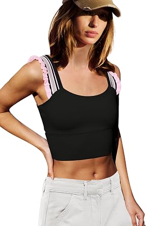 LAMISSCHE Womens Cropped Workout Tank Tops Padded Sports Bra Time Out Tank Ruffle Athletic Yoga Gym Camisole Tops