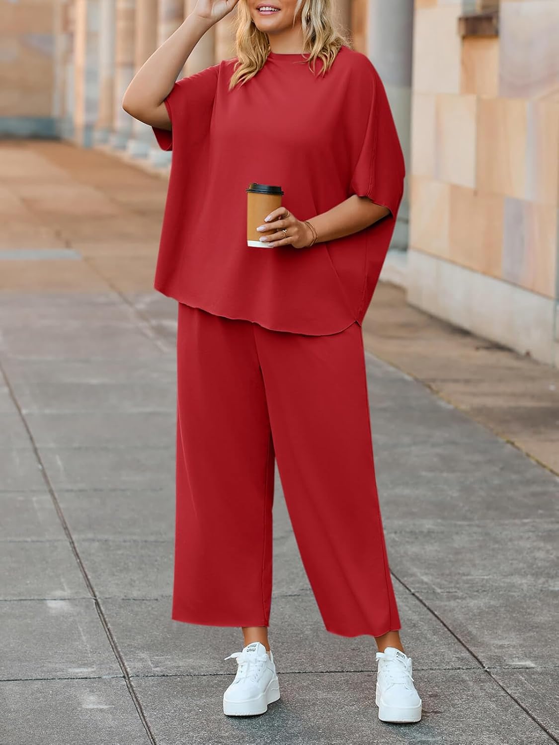 Beautife Women's Plus Size 2 Piece Outfits 3/4 Batwing Sleeve Capelet Crew Neck Pullover Top Wide Leg Pants Lounge Set - Image 2