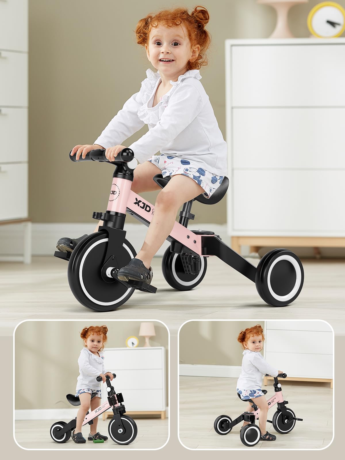 XJD Triciclo 3 in 1 per bambini e ragazze da 10 a 36 mesi senza pedali per bambini con regolabile sedile manubrio e pedali smontabili 1 anno regalo di compleanno (3 en 1 - Clásico, rosa)