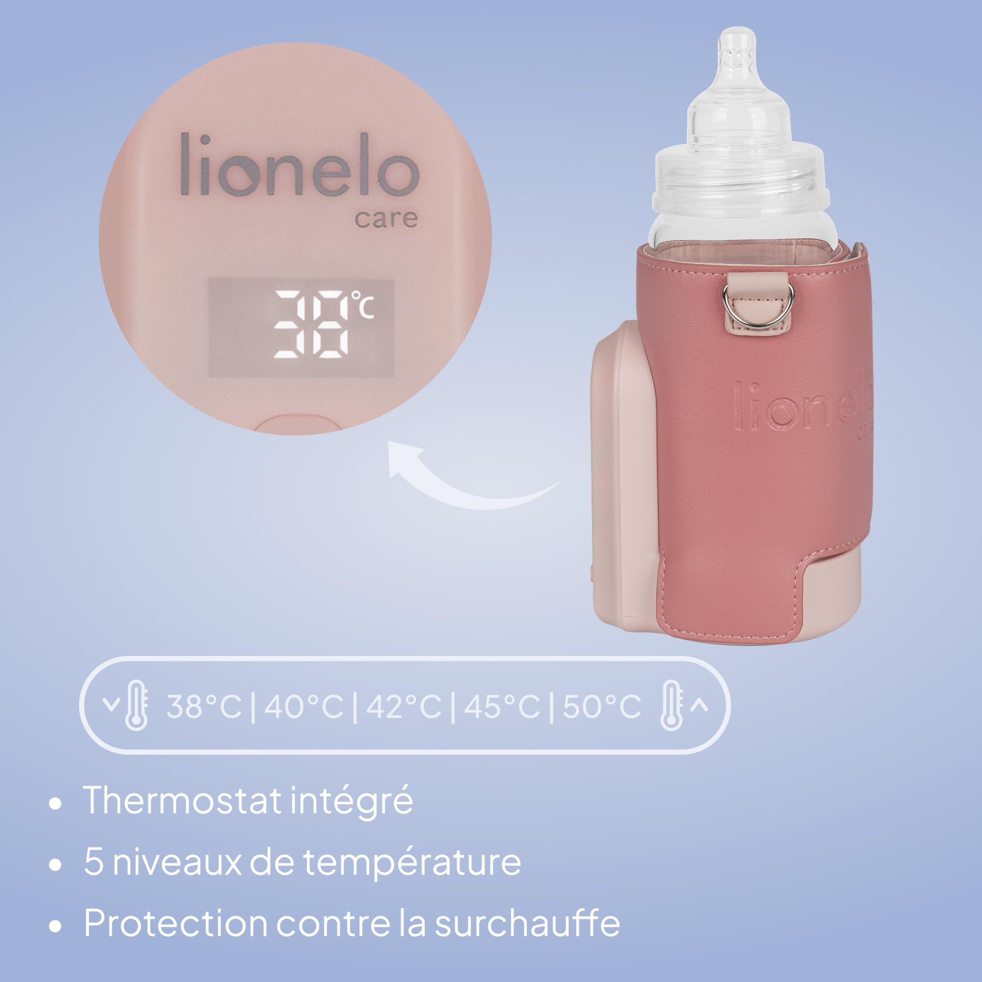 Lionelo Thermup Go Evo Chauffe-Biberon, 5 Températures 38-50°C, Écran LCD | Sans fil, jusqu'à 9 h d'autonomie, recharge USB-C, capteur de sécurité, compatible avec les biberons de 50 à 80 mm, Corail