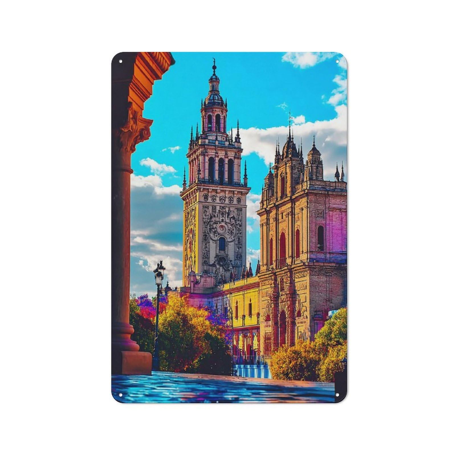 Junmoney Seville Cathedral And Giralda Tower Metal Sign 30X20cm With For Workshop Wall, Retro Decor, For Garage, Workshop And Man Cave Decoration