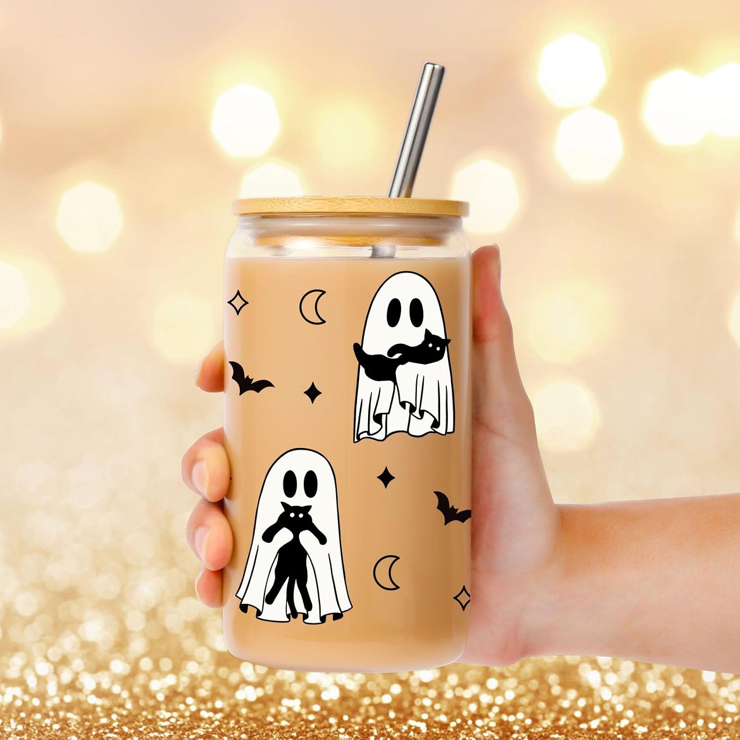 Cute Ghost & Black Cat Glass Cup w/Lid & Straw, Fall Iced Coffee Cup, Halloween Tumbler, Spooky Cat Gifts for Cat Lovers, Halloween Birthday Gifts, Boo Basket Stuffers for Women, Men, Teens