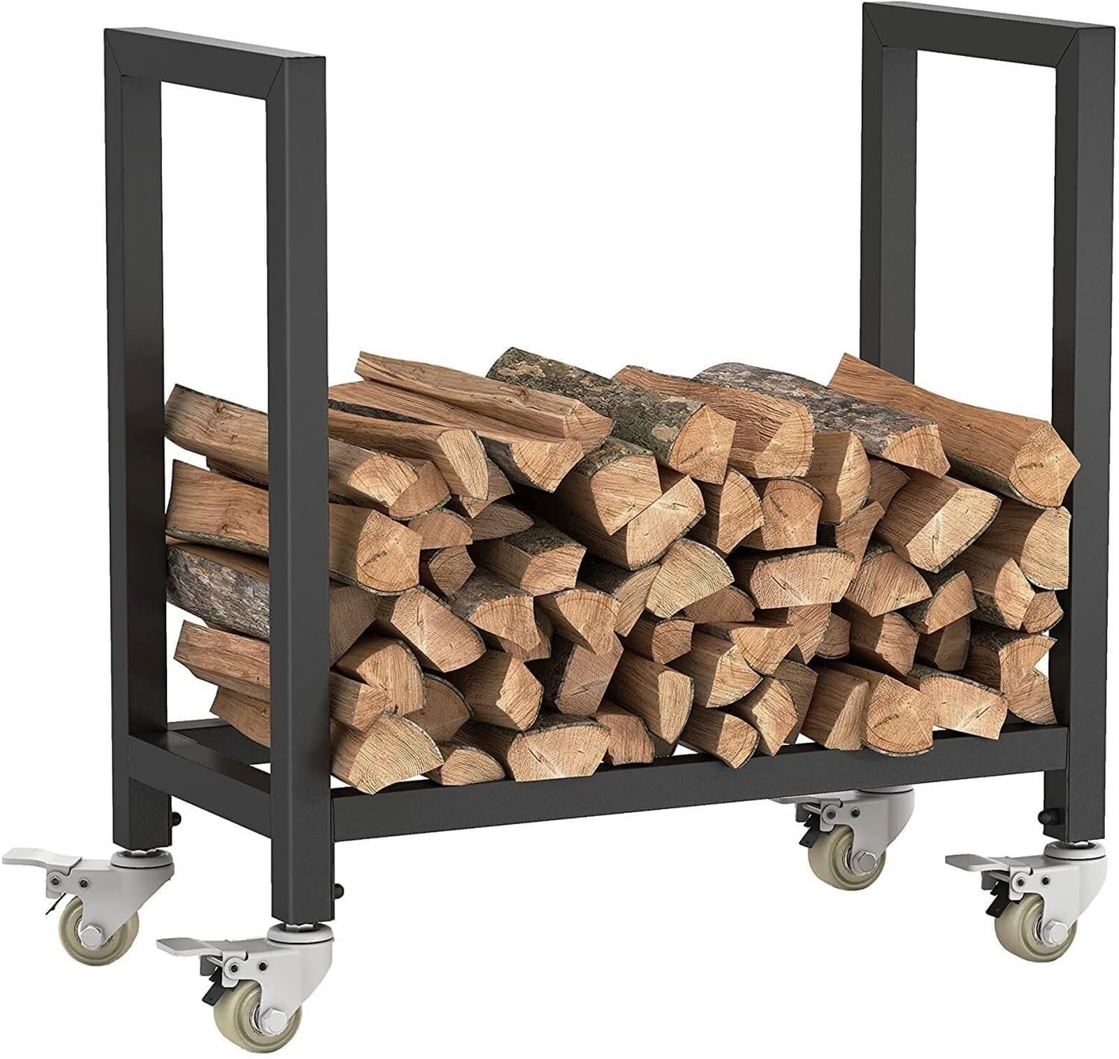 Support à bûches à roulettes en acier noir pour le transport de bois intérieur
