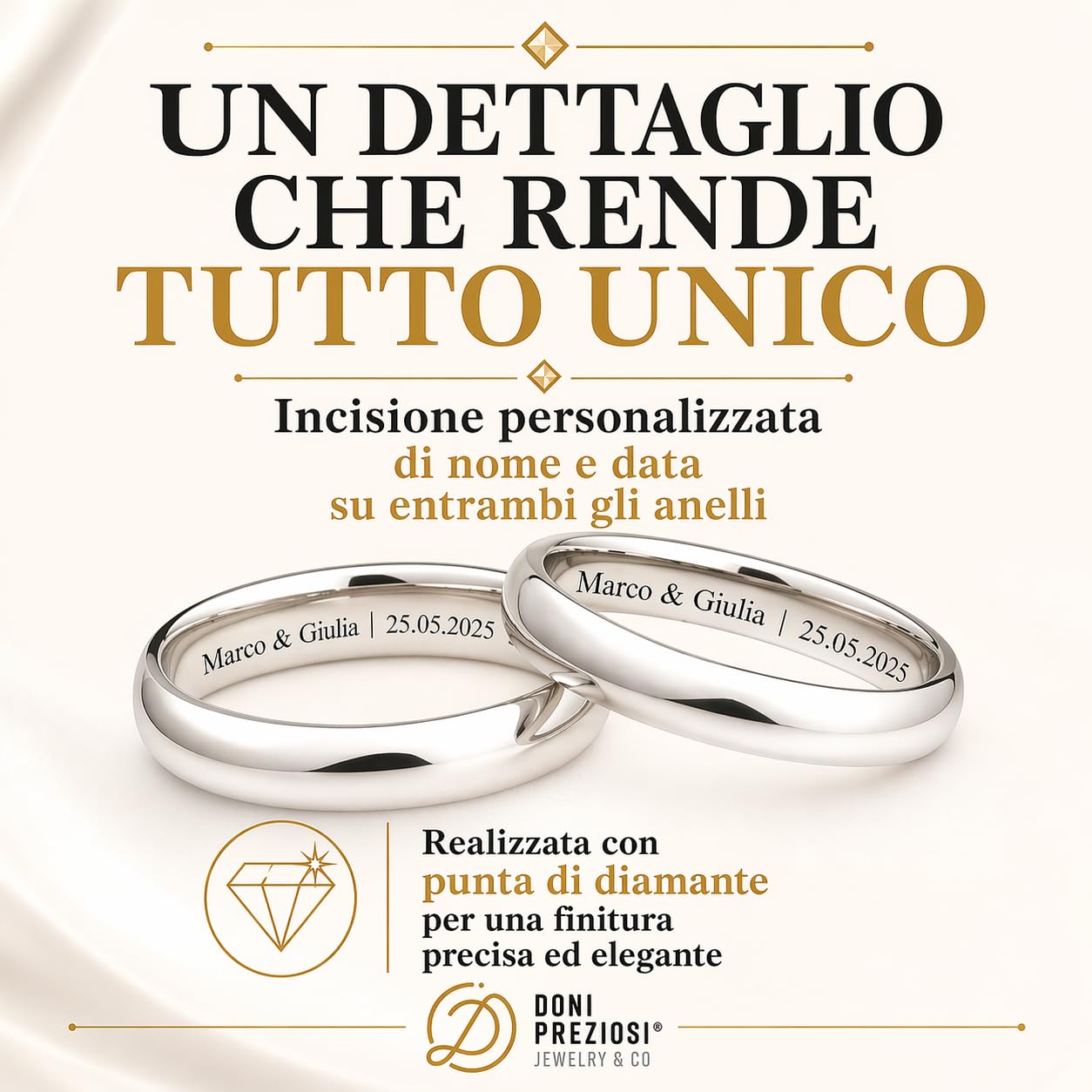 Coppia Fedine Personalizzabili in Argento 925 con Incisione Nome e Data - 2 Anelli Fidanzamento Lui e Lei - Fedina Personalizzata Uomo Donna - Regalo San Valentino, Anniversario - Placcato Oro