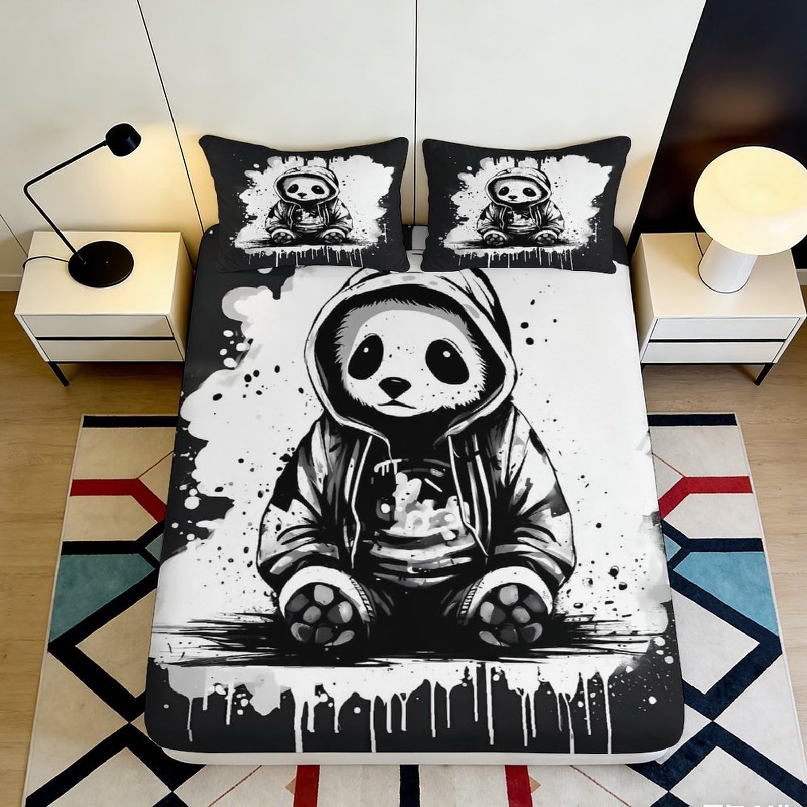 3D Printed Panda Graffiti Fitted Sheet Microfiber Black White Art Mattress Cover for Bedroom Dorm Easy Care 140x200x25cm